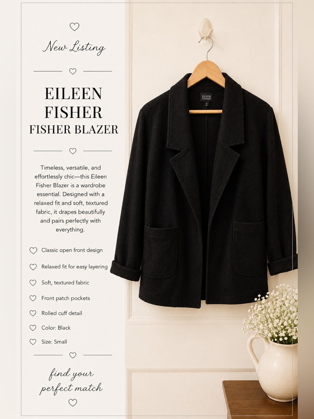 Eileen Fisher Black Textured Relaxed Blazer